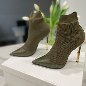 Balmain Aurore Leather-Trimmed Stretch-Knit Boots In Olive Green Color Size 37